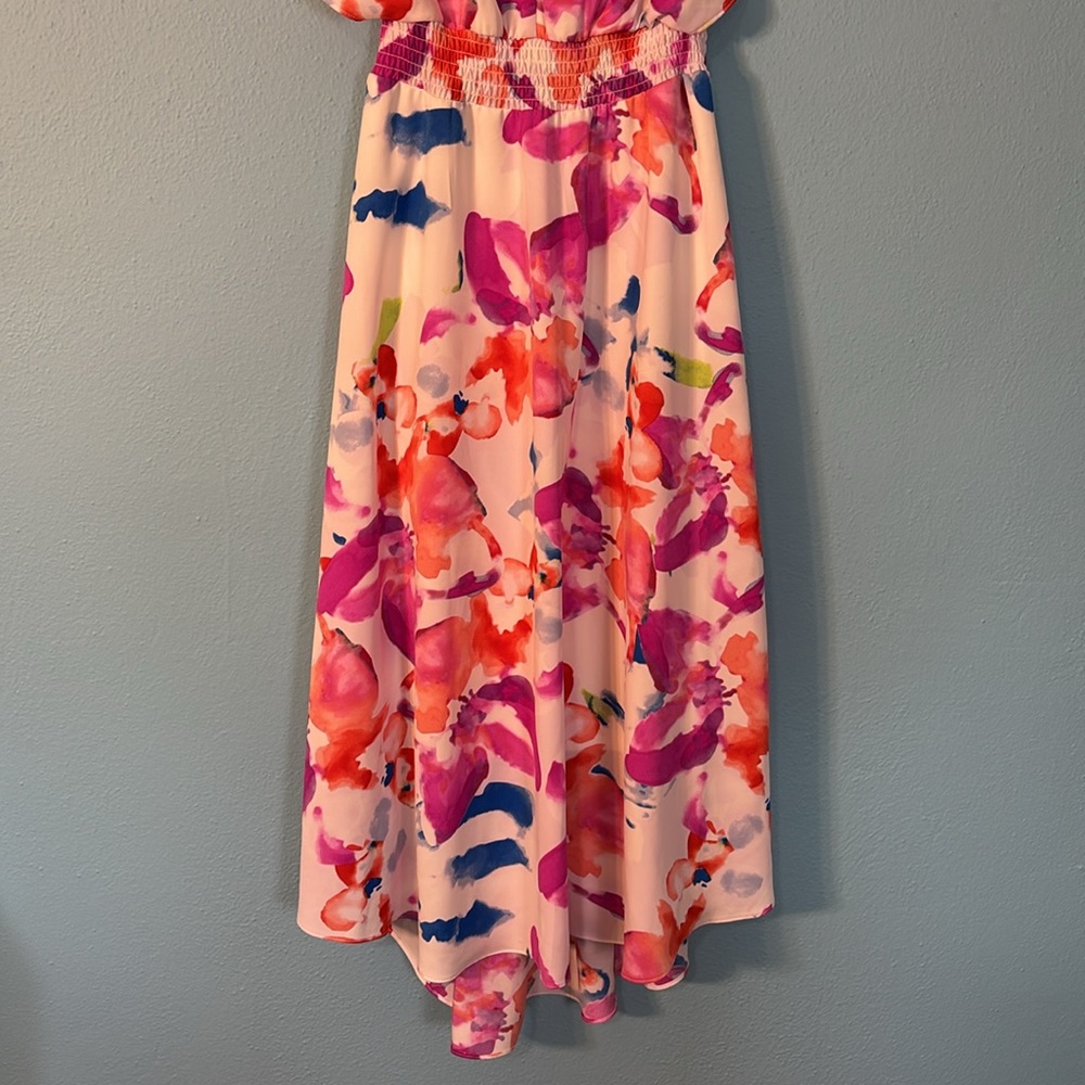 DKNY Vibrant Floral High Low Smocked Waist V Neck Flutter Sleeve Floral Dress 2 - Picture 5 of 10